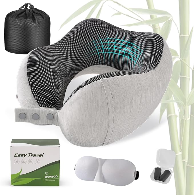 Cirorld Neck Pillow for Traveling, Travel Pillows for Airplanes,100% Pure Memory Foam Travel Neck Pillow, Adjustable Flight Pillow, Portable Plane Accessories with Eye Mask, Earplugs, Carry Bag