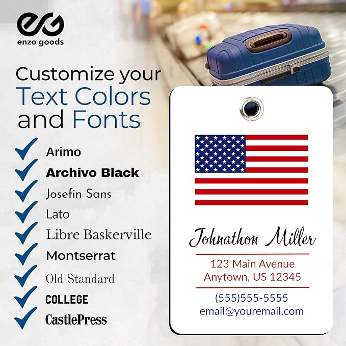 Personalized Luggage Tag with American Flag | 4 Pack | Custom Luggage Tags for Suitcases | Kids Backpack Tag | 4 Color Options & Choose Font, Font Color