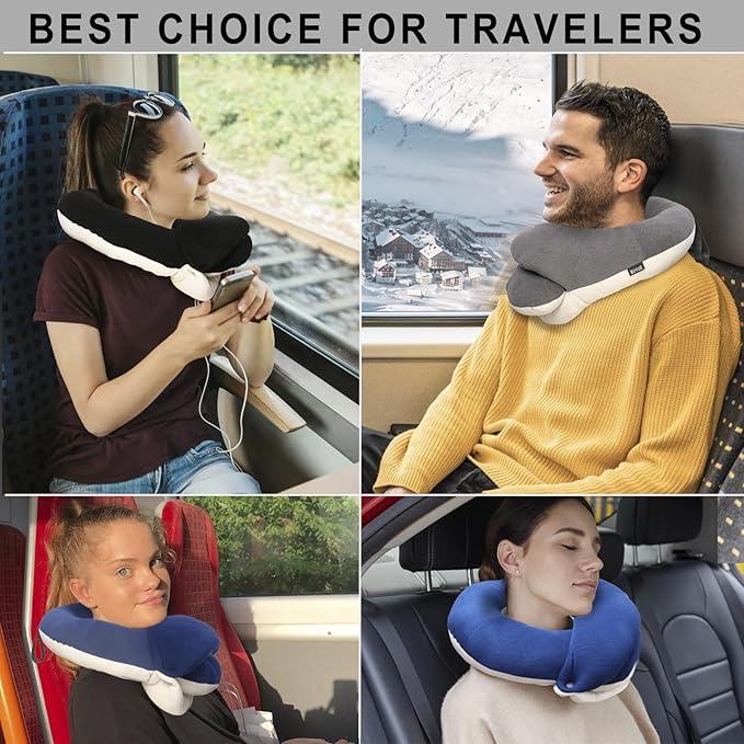 BUYUE Travel Neck Pillows for Airplanes, 360° Head Support Sleep for Long Flight, Skin-Friendly & Breathable, Kit with 3D Contoured Eye Mask, Earplugs and Storage Bag (Adult, Beige, 90+ lbs)