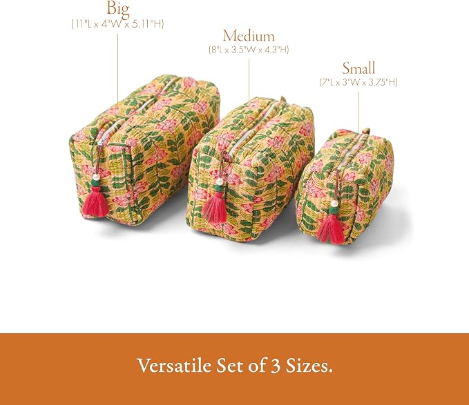 Saffron Marigold Quilted Makeup Bag Set of 3, Hand Block Printed Cotton Cosmetic Bags for Women, Waterproof Lined Travel Toiletry Bag, Coquette Aesthetic, Handmade Gift, Madagascar Prewinkle Butter