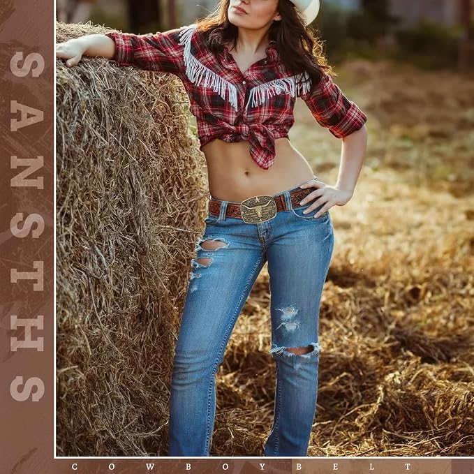 SANSTHS Western Cowboy Belts for Men Women, Mens Western Belt Bull Buckle Country Belt Cowboy Leather Belt for Jeans