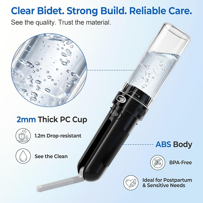 Electric Portable Bidet for Travel, Rechargeable for Women Postpartum, Period & Hygiene | 3 Pressure Modes, 260 Uses/Charge, IPX7 Waterproof, Foldable & Compact, Standard Bottle Fit, USB-C Charging, Black