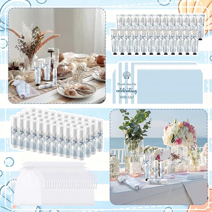 Loopeer 50 Set / 200 Pcs Coastal Baby Shower Favor Bulk Hand Cream Party Favors Beach Ocean Seashell Themed Hand Cream Lip Balm with Thank You Cards Organza Bags Appreciation Gifts for Summer Supplies