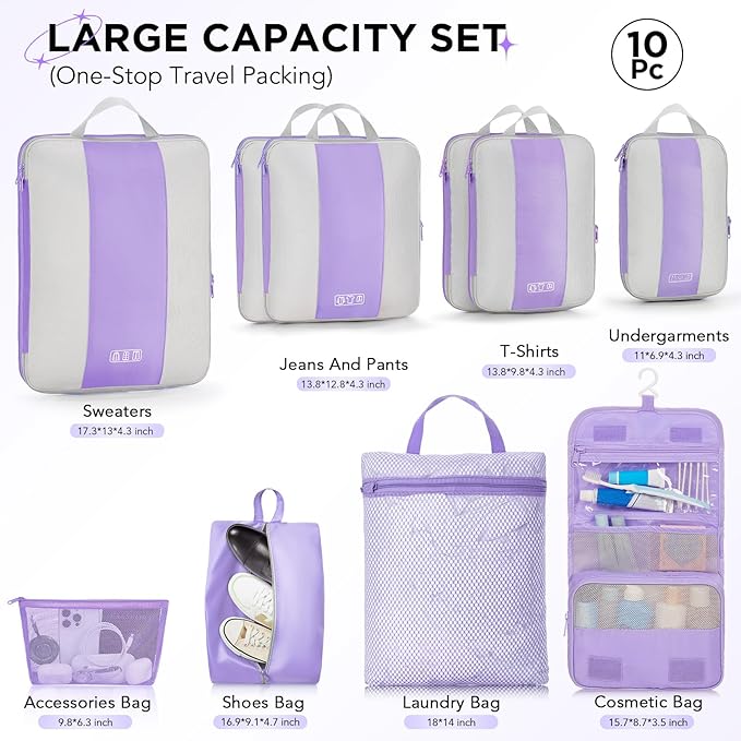 10 Set Compression Packing Cubes for Travel Essentials,Compressible Expandable Packing Cubes for Suitcase,OlarHike Luggage Garment Bags for Travel,Handy Helper for Organizing Clothes(Light Purple)