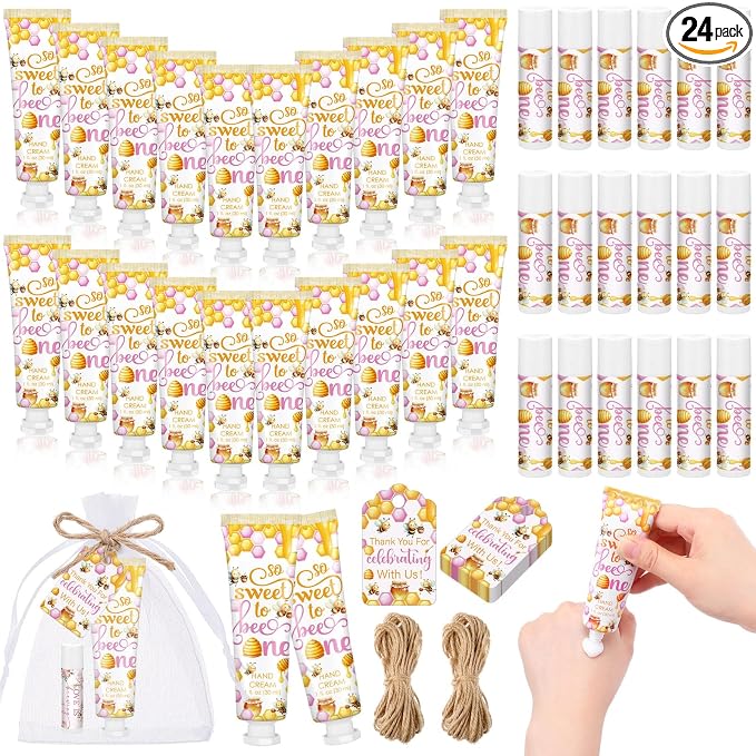 24 Sets/96 Pcs Pink Honey Hand Cream and Lip Balm Gift Baby Shower Favors for Guest Thank You for Bee Travel Size Hand Lotion and Lip Balm Bulk Baby Shower Birthday Party Supplies