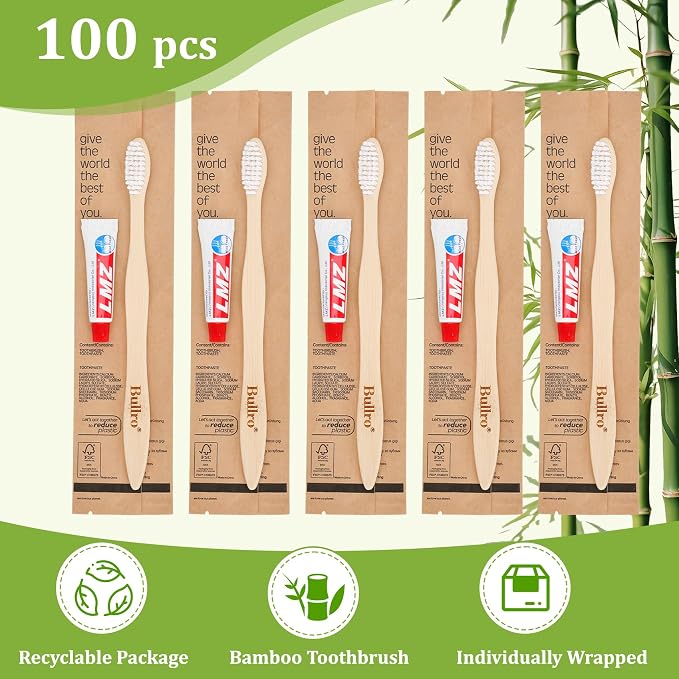 Bamboo Disposable Toothbrush Kit (100 Pack) with 6g Toothpaste - 100% Natural Biodegradable - Individually Wrapped Disposable Amenities for Hotel, Airbnb, Travel, Camping, Homeless & Guest Use