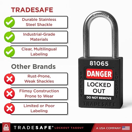 TRADESAFE Lockout Tagout Locks Set - 10 Black Lockout Locks Keyed Different, 2 Keys Per Loto Lock, OSHA Compliant Lock Out Tag Out Padlocks, Safety Padlocks for Electrical Lockout Tag Out Kits