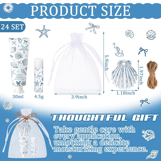 24 Sets Bow Seashells Themed Hand Cream and Lip Balm Gift Seashells and Wedding Bells Favors Bridal Shower Party Favors for Guest Travel Size Bulk Ocean Coastal Summer Baby Shower Party Supplies