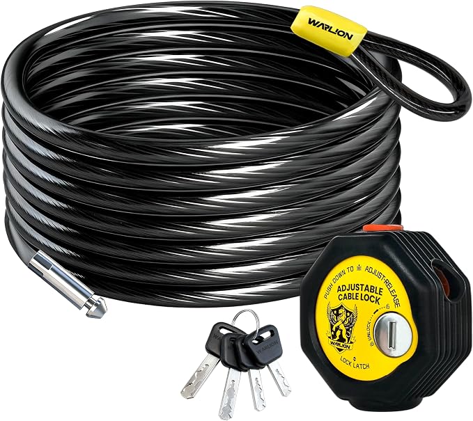 WARLION Heavy Duty Adjustable Cable Lock, 20ft x 3/8" Braided Steel Security Cable with Adjust-Release & Dual Cinch, Outdoor Anti-Theft Lock for Patio Furniture, Lawn Equipment, Kayak, Ladder