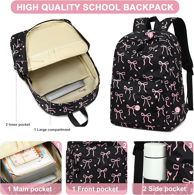 LOIDOU Backpack for Girls School Backpacks Bookbags for Elementary Middle School Women Laptop Backpacks (Bow tie Black, L-17)