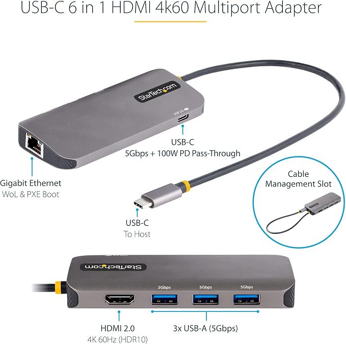 StarTech 6-in-1 USB-C Hub for Monitors, 4K 60Hz HDMI Video, HDR10, Gigabit Ethernet, USB 5Gbps Hub, 100W Laptop Charging with Cable Management for MacBook M1 M2 M3 M4 and Windows