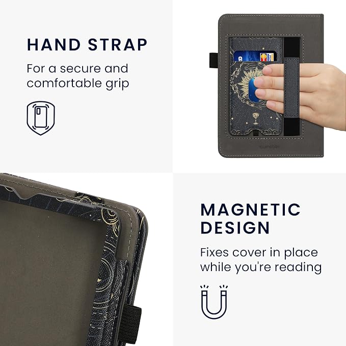 kwmobile Case Compatible with Amazon Kindle Paperwhite (2024)/Colorsoft - Case PU Leather Cover with Magnet Closure, Stand, Strap, Card Slot - Tarot Card Dark Blue/Yellow/Black