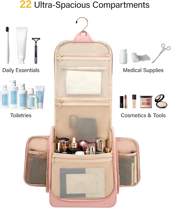 Hanke Hanging Travel Toiletry Bag for Men and Women, Water-Resistant Toiletries Bag Makeup Organizer with Hook, Cosmetic Bag for Bathroom & Travel Essentials Accessories, Pink
