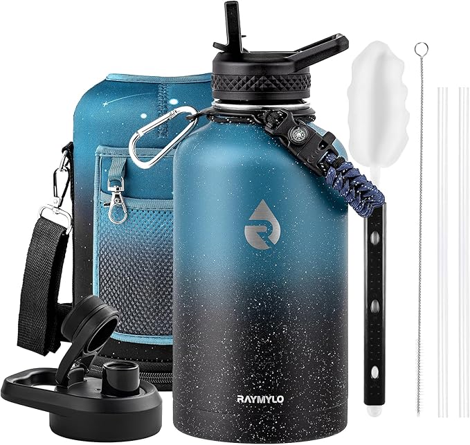 RAYMYLO Insulated Water Bottle 64 oz, Triple Wall Vacuum Stainless Steel (Cold for 48 Hrs), Leak Proof & Non-BPA, Half Gallon Water Flask Jug with Paracord Handle & Straw Spout Lids
