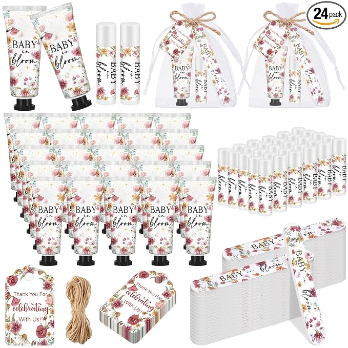 Leelosp 24 Sets Baby in Bloom Wildflower Baby Shower Hand Cream and Lip Balm Gift Bulk Spring Wildflower Travel Size Hand Lotion Lip Balm Nail File Gifts Set Wedding Party Supplies for Guests
