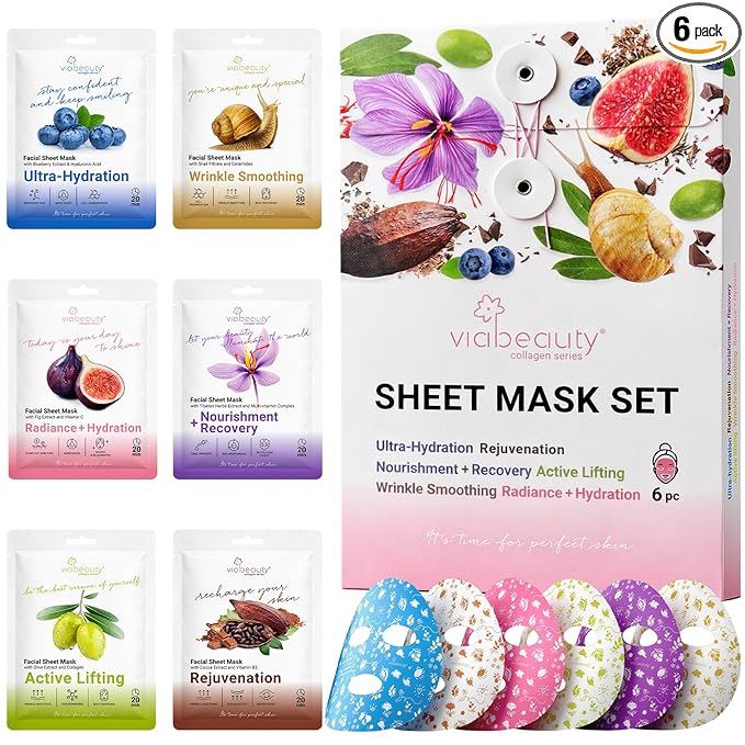 VIABEAUTY 6 Pack of Sheet Face Masks Skincare - Collagen Face Mask Sheets with Hyaluronic Acid, Vitamin C, Snail Mucin - Facial Sheet Mask for Hydrating, Moisturizing, Rejuvenating