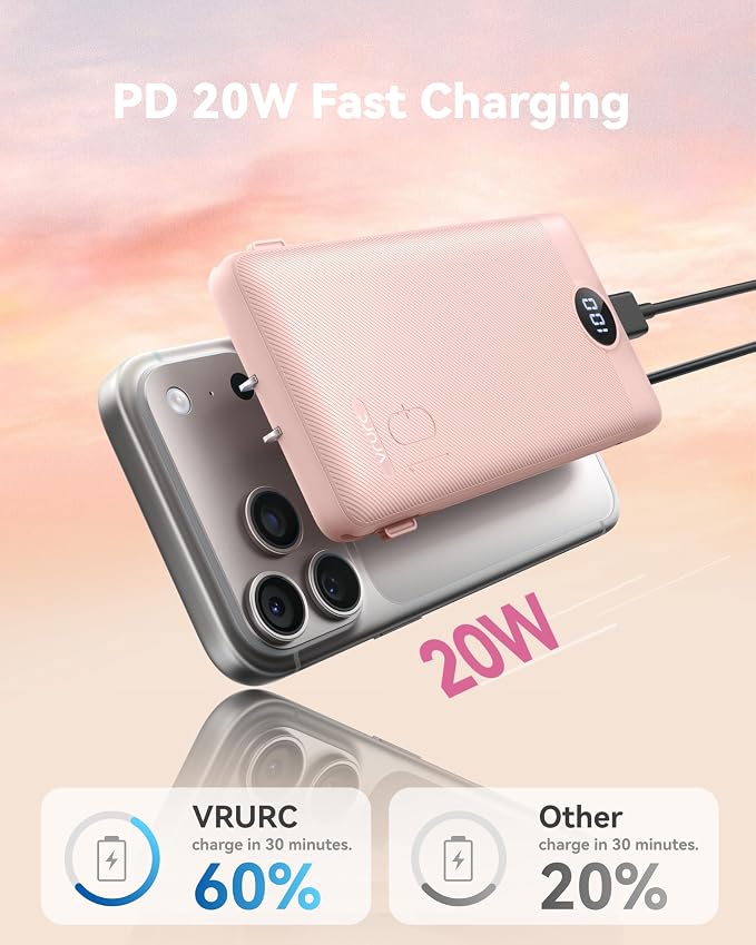 VRURC Portable Charger Power Bank - 10000mAh Fast Charging 22.5W PD 20W Portable Charger with Built in Cables, Portable Charger with Cords External Charger Travel Accessories-Pink