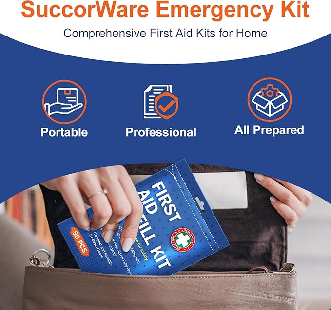 SuccorWare 90 Pieces First Aid Refill Kit - Wound Care Kit Includes Bandages for Home, Travel, Hiking - Portable Replacement Kit for First Aid Medical Supplies（1 Set）
