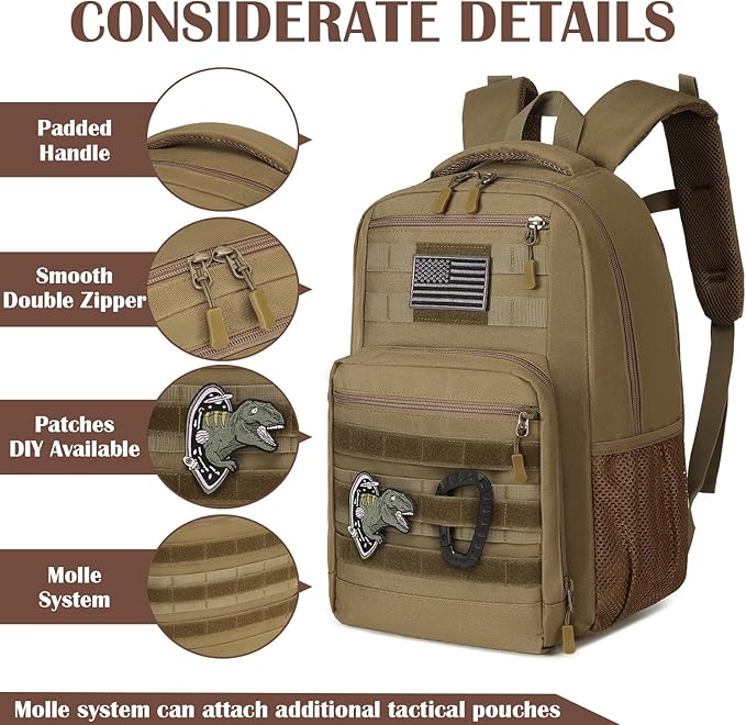 Kids Tactical Backpack Army Molle Bookbag Military Boys Backpack for School, Outdoor, Camping, Brown