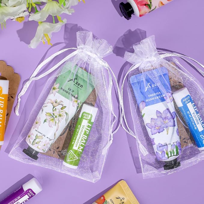 AZEN 64 Sets Bulk Gifts, Hand Cream and Lip Balm Bulk Set with Organza Bag Thank You Card, Baby Shower Wedding Gift for Guests, Bridal Wedding Favors for Guests, Mothers Day Gifts Stocking Stuffers