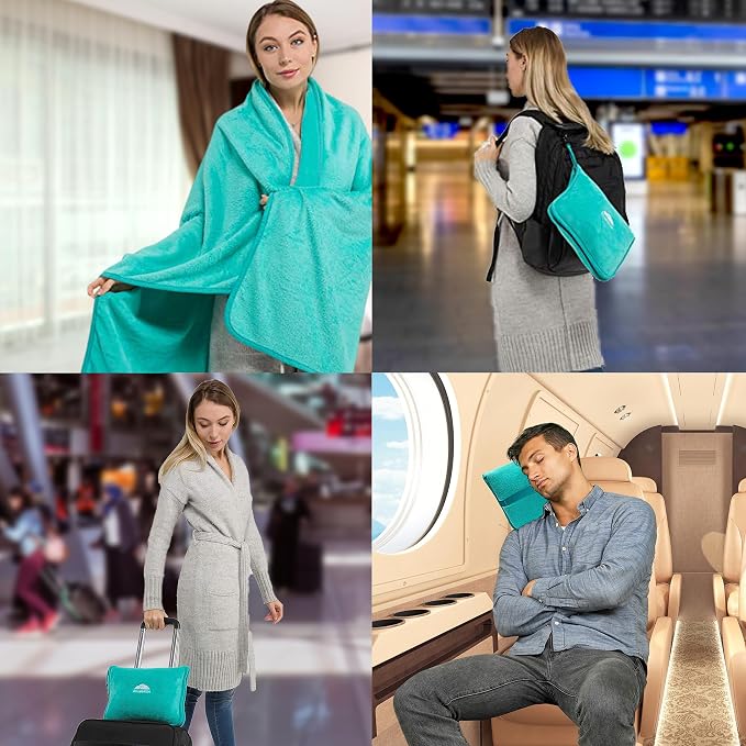 BlueHills Premium Soft Travel Blanket Pillow Airplane Blanket Packed in Soft Bag Pillowcase with Hand Luggage Belt and Backpack Clip, Compact Pack Large Warm for Any Travel (Teal Green T006)
