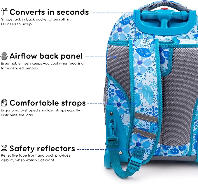 J World Sunrise Kids Rolling Backpack for Girls Boys. Roller Bookbag With Wheels For School, Blue Vine