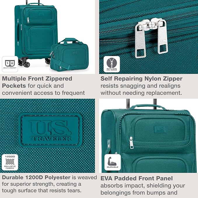 U.S. Traveler Rio Lightweight Softside Rolling Carry-on Suitcase, 4-Wheel Set, Teal