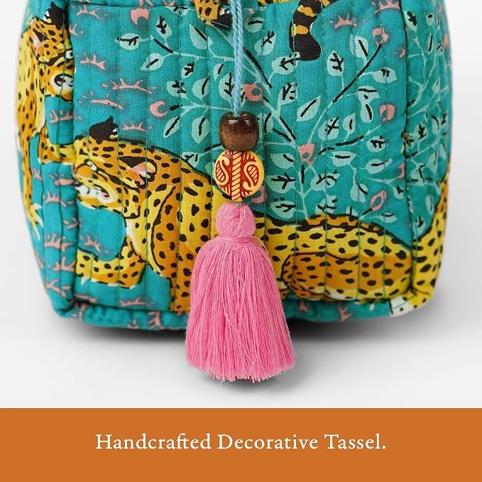 Saffron Marigold Quilted Makeup Bag Set of 3, Hand Block Printed Cotton Cosmetic Bags for Women, Waterproof Lined Travel Toiletry Bag, Coquette Aesthetic, Handmade Gift, Turquoise Cheetah Trails