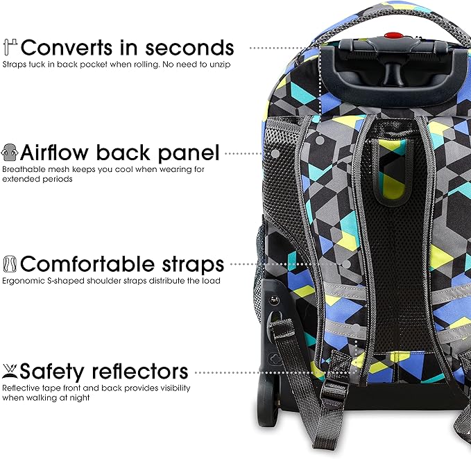 J World Sunrise Kids Rolling Backpack for Girls Boys. Roller Bookbag With Wheels For School, Cubes