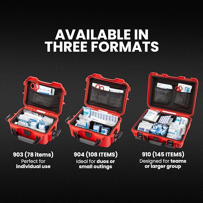 NANUK 910 Waterproof First Aid Kit 146pcs – Durable, Pre-Stocked First Aid Emergency Kit with Bandages, Tick Removal Tool, and More – Dustproof, Impact-Resistant, Floats (14.3" x 11.1" x 4.7") – Red