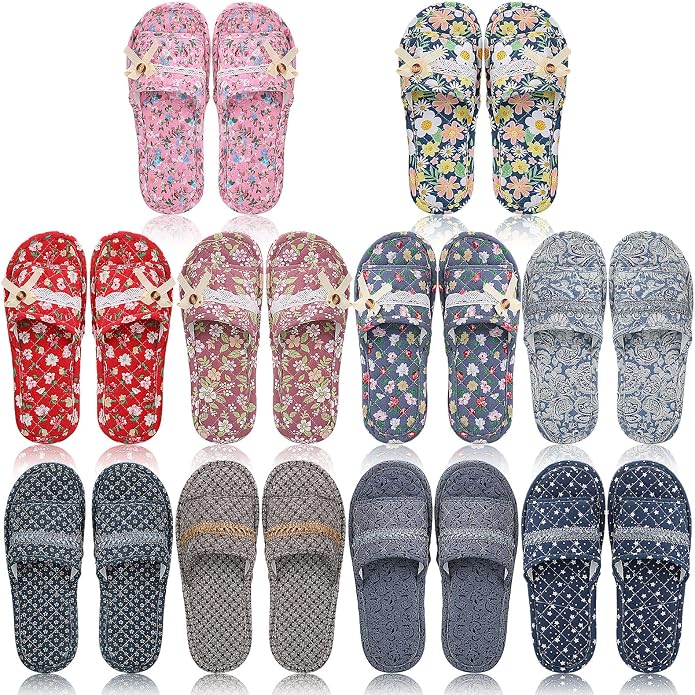 Chuarry 10 Pairs Floral Cotton House Slippers for Guest Women Washable Indoor Cotton Slippers Comfortable Soft Open Toe Slipper Portable Foldable Slipper for Hotel Travel Airplane Spa, 2 Sizes