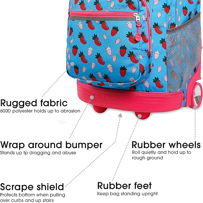 J World Sunrise Kids Rolling Backpack for Girls Boys. Roller Bookbag With Wheels For School, Strawberry