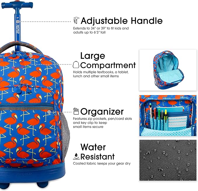 J World Sunrise Kids Rolling Backpack for Girls Boys. Roller Bookbag With Wheels For School, Flamingo