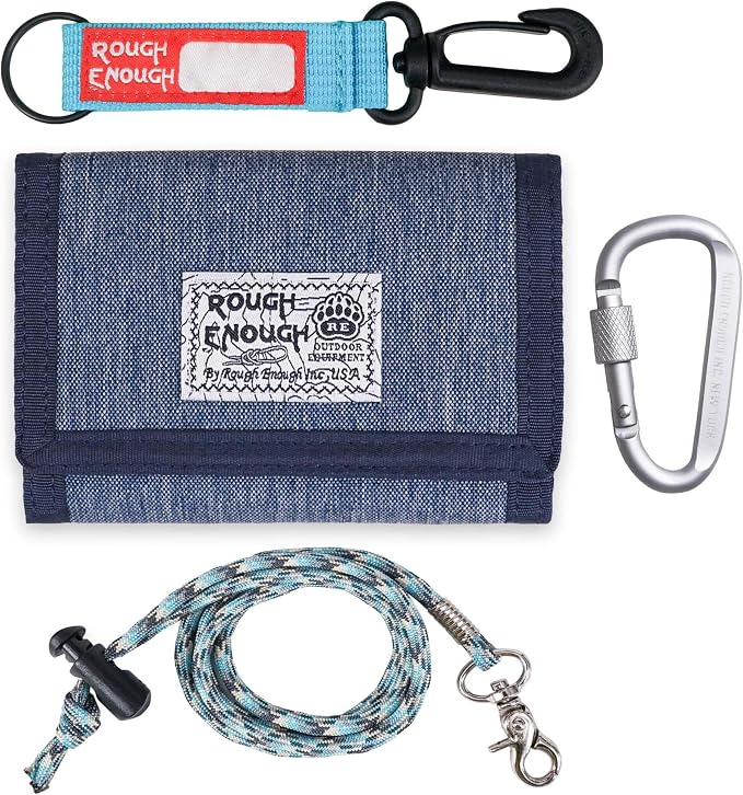 Rough Enough Kids Wallet for Boys with RFID Blocking Denim Canvas Blue | Includes lanyard keychain carabiner. For camping travel and outdoor use. Smooth YKK zippers. Holds cards cash ID. 5x3.4 inch