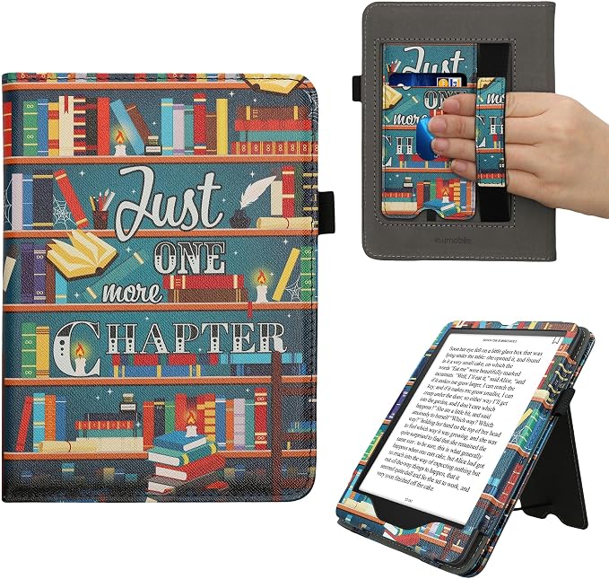 kwmobile Case Compatible with Amazon Kindle Paperwhite (2024)/Colorsoft - Case PU Leather Cover with Magnet Closure, Stand, Strap, Card Slot - Library Motto Multicolor