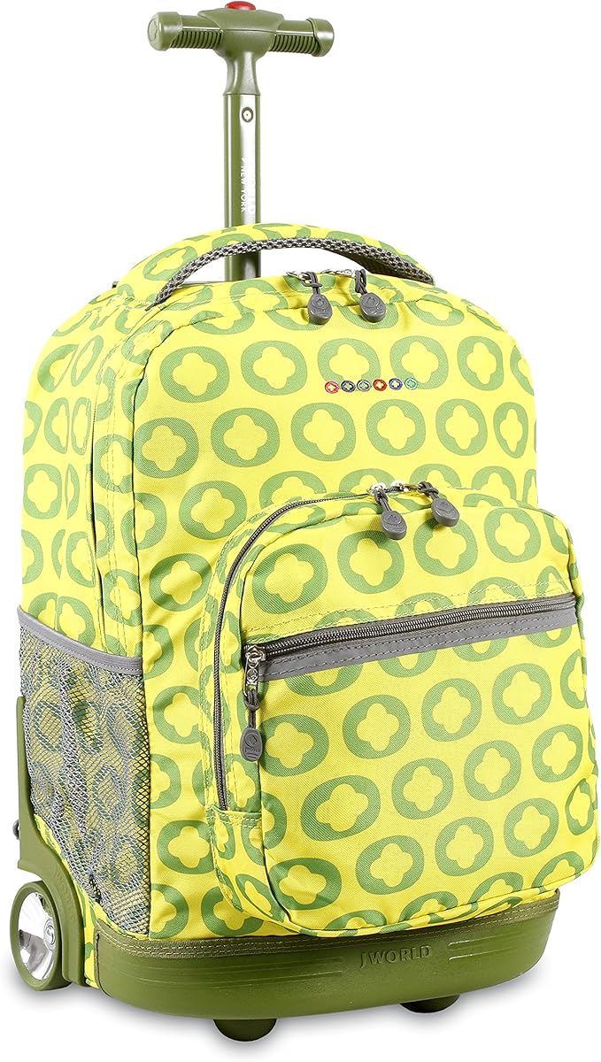 J World Sunrise Kids Rolling Backpack for Girls Boys. Roller Bookbag With Wheels For School, Lime Logo