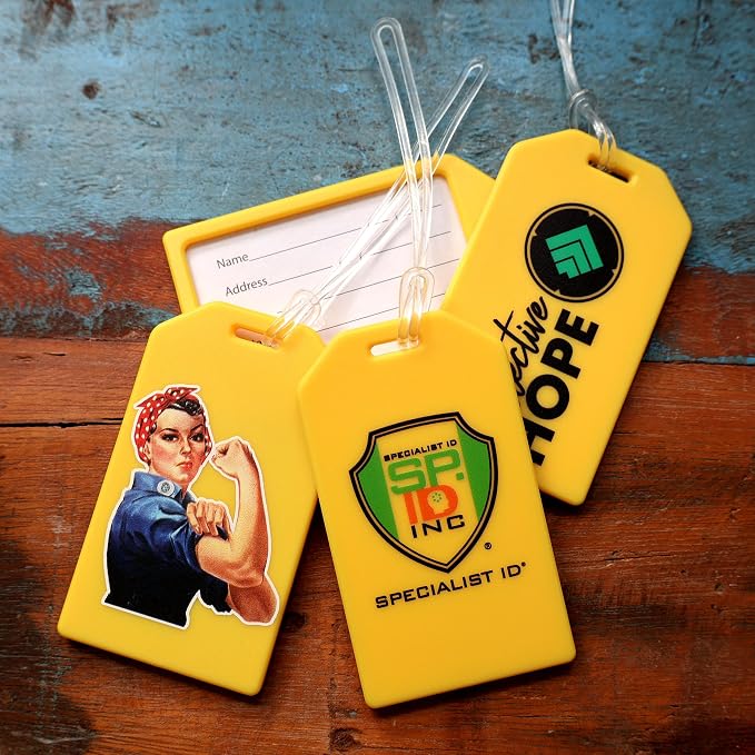 10 Pack - Bulk Custom Luggage Tags - Heavy Duty Personalized Bag Tag for Suitcases or Backpack - Hard Plastic - Add Company Logo, School I’D, Photo - Quality & Detail UV Print - Specialist ID (Yellow)