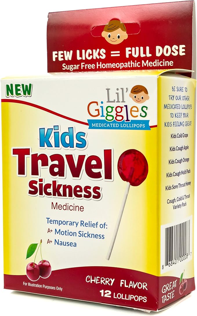 Lil' Giggles Kids Medicated Lollipops - Sweet Gentle Relief for Kids & Non-drowsy - for Car Sickness, Travel Nausea & Motion Sickness Relief - Homeopathic Remedy Children's Love - Cherry Flavor 12 CT