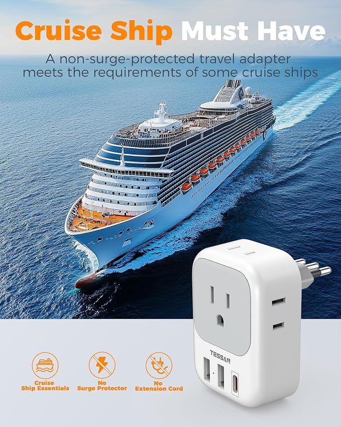 TESSAN Italy Travel Plug Adapter 2 Pack, Italy Power Adaptor with 4 Outlets 3 USB Charger(1 USB C PD 20W), Type L Adapter for US to Chile Libya Syria Tunisia Uruguay