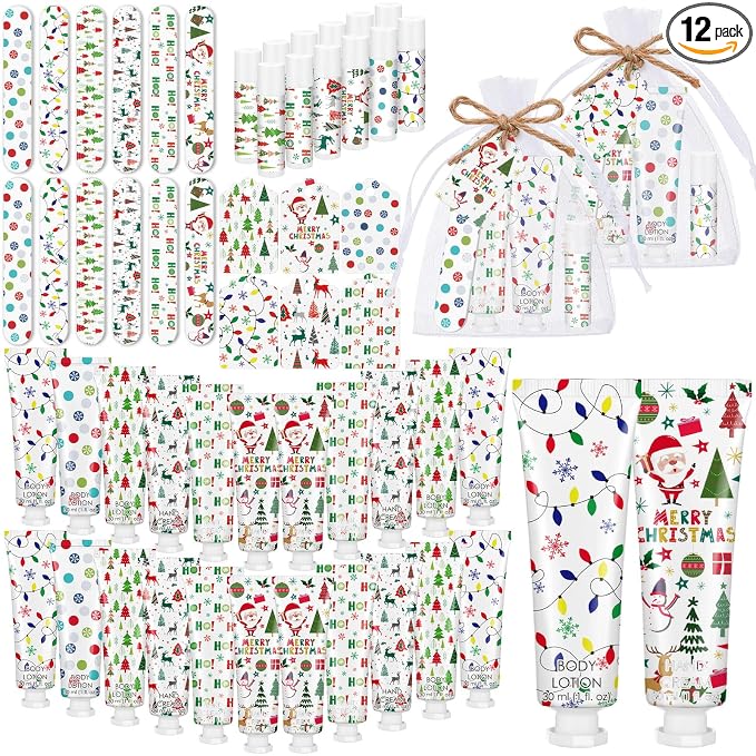 12 Sets/72 Pcs Christmas Party Favors Christmas Hand Cream Body Lotion Lip Balm Nail File Gifts Set Xmas Stocking Stuffers Travel Size Lotion Bulk Holiday Party Supplies for Coworkers Women Adults