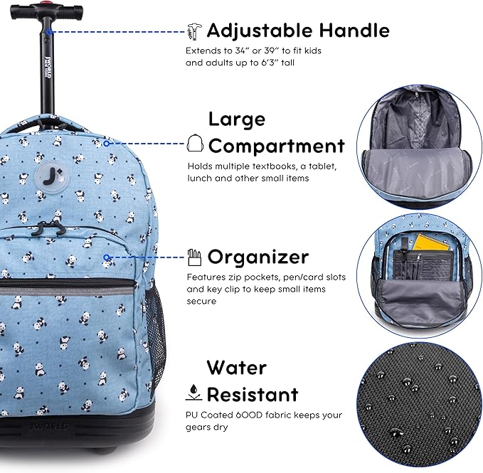 J World Sunrise Kids Rolling Backpack for Girls Boys. Roller Bookbag With Wheels For School, Panda
