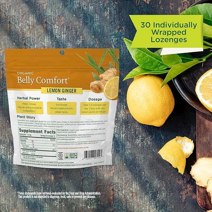 Traditional Medicinals Organic, Belly Comfort Lozenges, Lemon Ginger - Supports Nausea Relief and Occasional Indigestion - Non-GMO, Stimulant-Free - 30 Individually Wrapped Lozenges