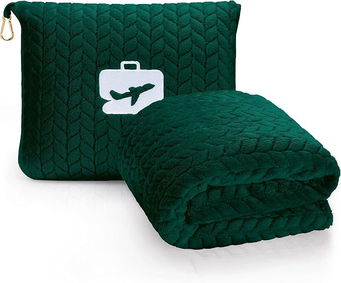EverSnug Travel Blanket & Pillow 68x42 - Premium Ultra-Soft Microfleece 2 in 1 Compact & Packable Flight Blanket with Soft Bag Pillowcase, Hand Luggage Sleeve and Backpack Clip (Forest Green)