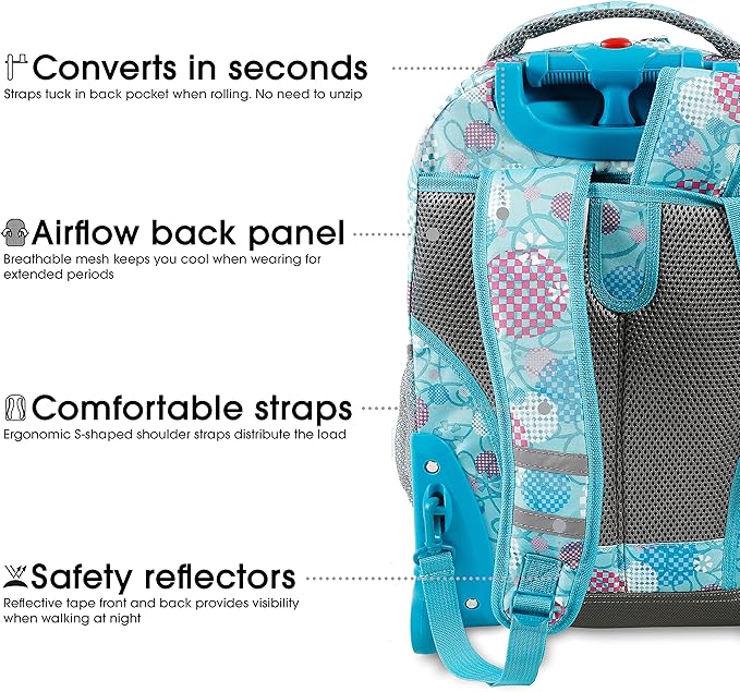 J World Sunrise Kids Rolling Backpack for Girls Boys. Roller Bookbag With Wheels For School, Dandelion