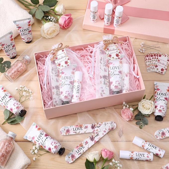 Leelosp 24 Sets Love Is in Blooming Hand Cream and Lip Balm Gift Bulk Pink Floral Wildflower Bridal Shower Favor for Guests Travel Size Hand Lotion Lip Balm Nail File Gifts Set Wedding Party Supplies