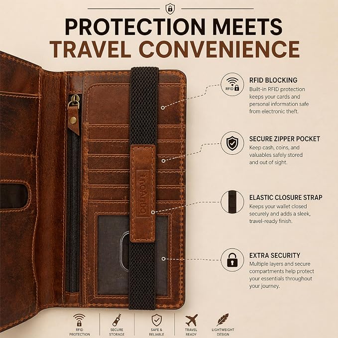 Tan Leather Long Passport Wallet - Travel Document Organizer with Card Slots ID Window Zipper Pocket Slim Passport Holder for Travel & Everyday Use, 5 x 9