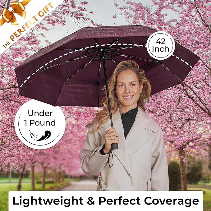 TUMELLA Strongest Windproof Travel Umbrella (Compact, 100MPH Wind-Tested), Light, Portable, One-Handed Use, Automatic Folding Rain Umbrella, Durable, Premium Grip, Fits Car & Backpack