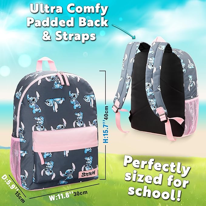 Disney Stitch Backpack for Girls Teens School Bag Kids Book Bag School Supplies Gifts (Navy/Pink)