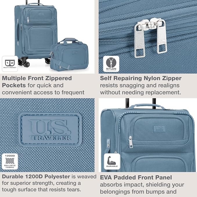 U.S. Traveler Rio Lightweight Softside Rolling Carry-on Suitcase, 4-Wheel Set, Light Blue