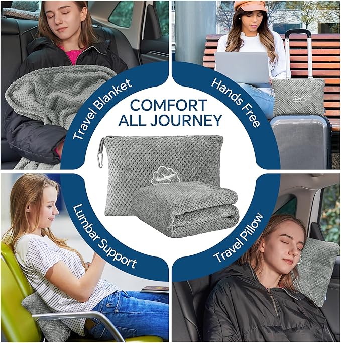 BEDELITE Travel Blanket with Bag, Ultra-Soft Jacquard Fleece Blanket with Luggage Sleeve & Backpack Clip, Airplane Blanket Travel Essentials, Grey